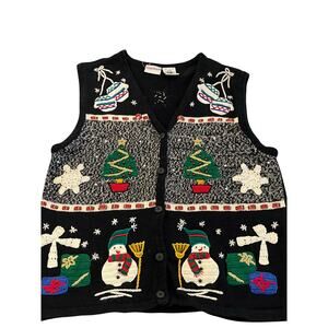 Vtg Bobbie Brooks Christmas Sweater Vest L Snowman Tree Ornaments Ugly Holiday